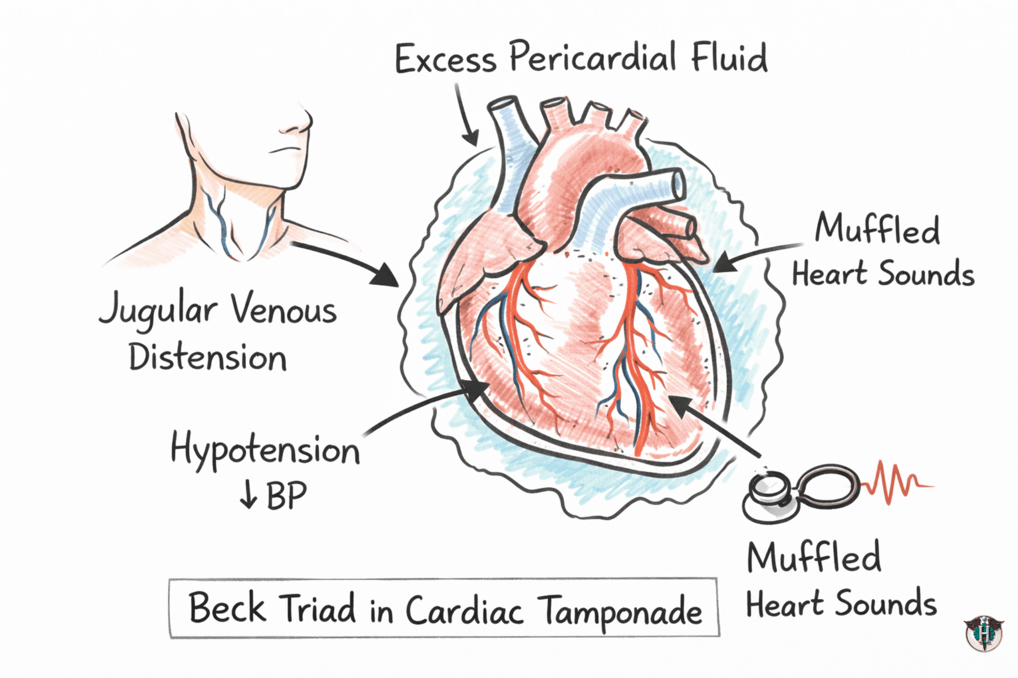 Diagram illustrating Beck triad in cardiac tamponade showing pericardial fluid compressing the heart leading to hypotension, jugular venous distension, and muffled heart sounds