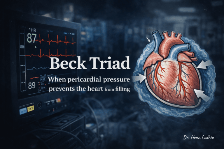 Illustration showing Beck triad in cardiac tamponade with hypotension, jugular venous distension, and muffled heart sounds due to pericardial fluid compressing the heart.