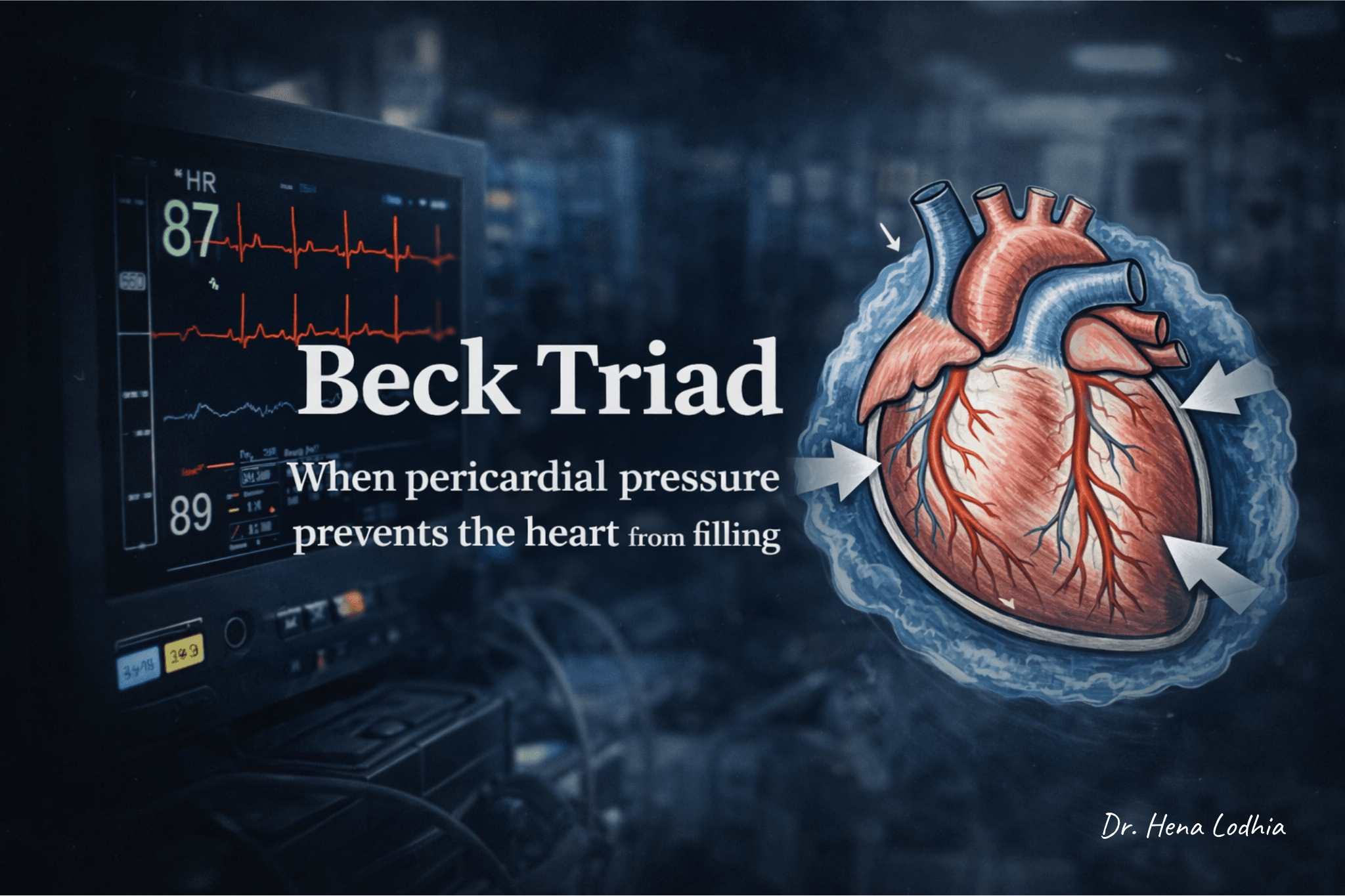 Illustration showing Beck triad in cardiac tamponade with hypotension, jugular venous distension, and muffled heart sounds due to pericardial fluid compressing the heart.