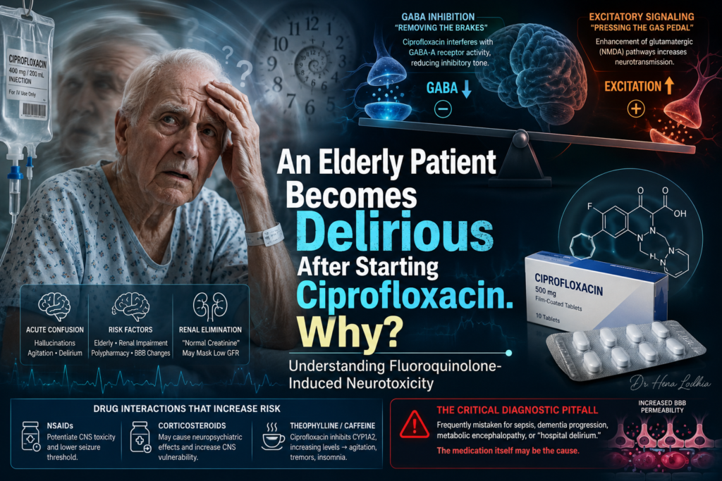 Ciprofloxacin delirium infographic showing fluoroquinolone-induced neurotoxicity, CNS hyperexcitation, and acute confusion in an elderly patient