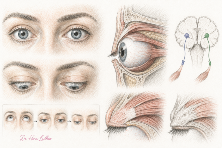 Sketch-style illustration showing normal gaze, downgaze with lid lag, orbital anatomy, and eyelid elevator structures without text labels.