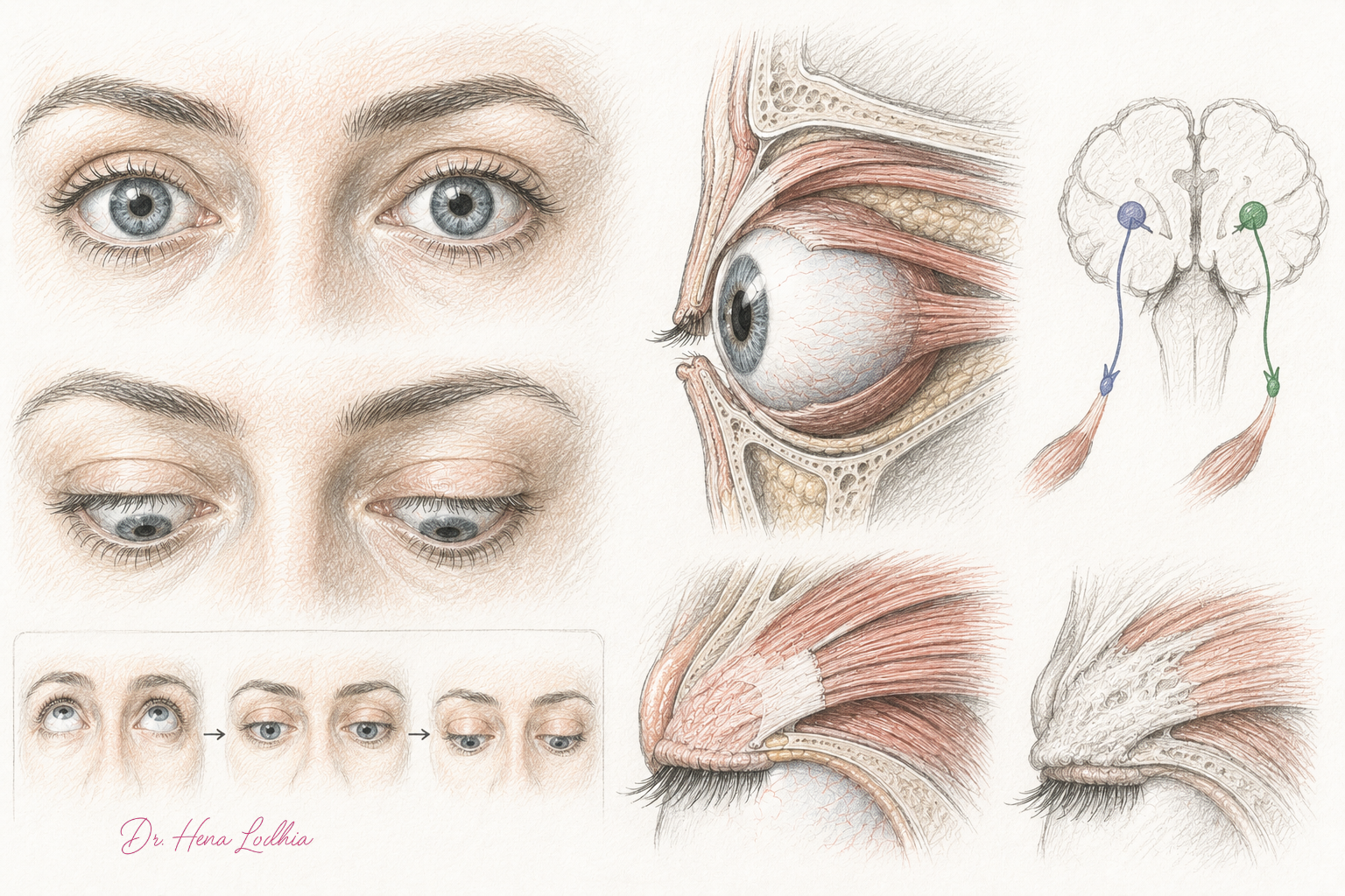 Sketch-style illustration showing normal gaze, downgaze with lid lag, orbital anatomy, and eyelid elevator structures without text labels.