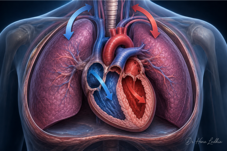 Anatomical illustration of the heart and lungs showing blood flow and respiratory-related changes in venous return during inspiration.