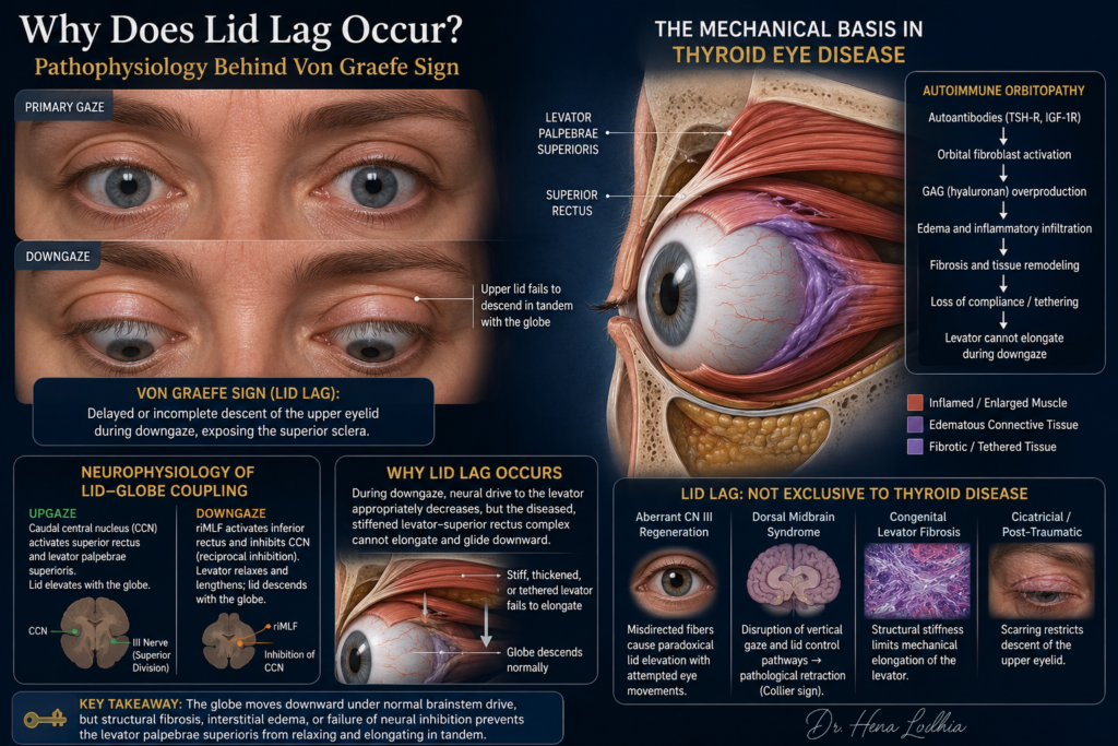Medical illustration showing lid lag during downgaze, orbital anatomy, levator palpebrae superioris, superior rectus muscle, and thyroid eye disease mechanisms.