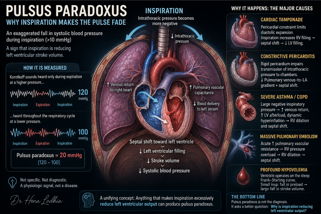 A detailed medical illustration of the heart and lungs demonstrating the physiological mechanisms underlying pulsus paradoxus. The image highlights respiratory influences on cardiac filling, ventricular interaction, pulmonary blood flow, and the reduction in left ventricular output that can occur during inspiration.