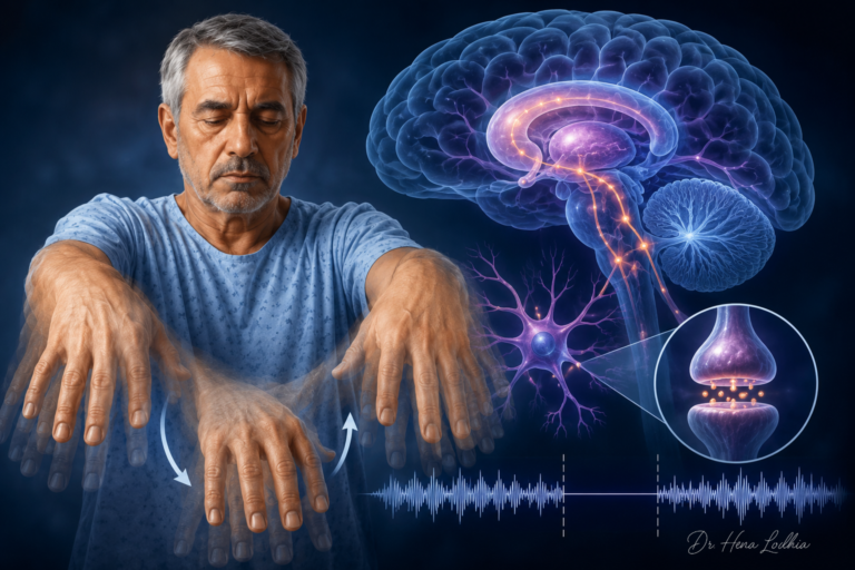 Older man demonstrating asterixis with intermittent downward flapping of the hands beside a brain illustration representing impaired neural control of posture.