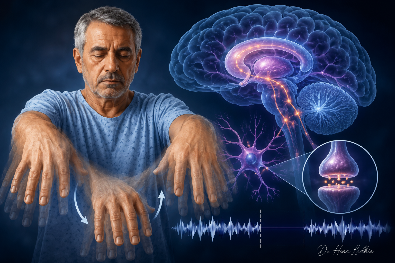 Older man demonstrating asterixis with intermittent downward flapping of the hands beside a brain illustration representing impaired neural control of posture.