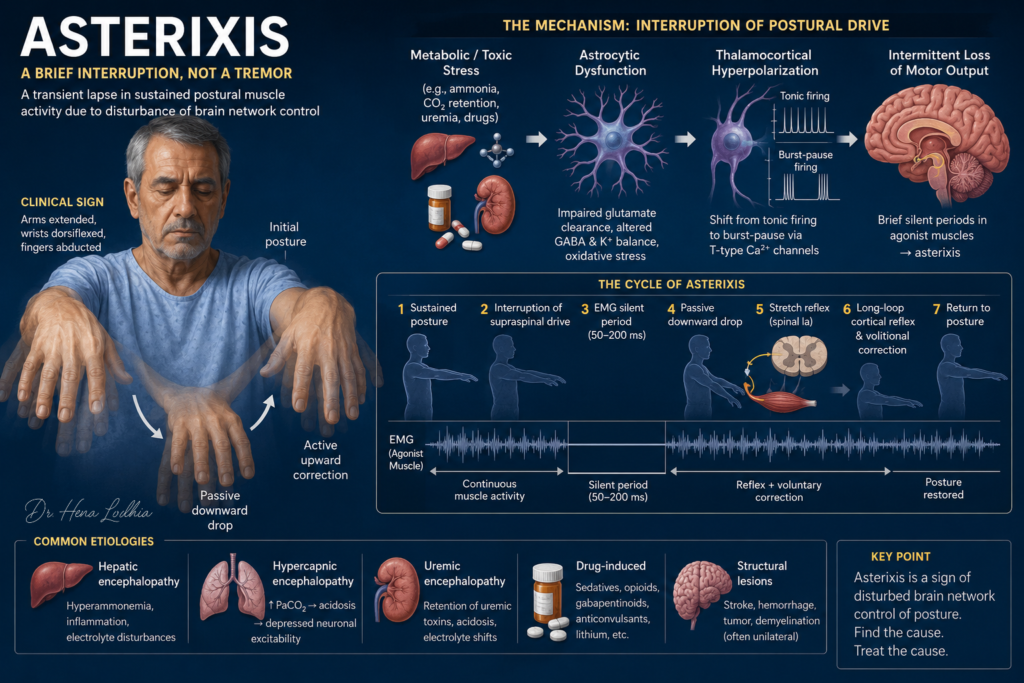 Medical infographic showing a patient demonstrating asterixis with flapping hand movements, alongside the pathophysiological sequence from metabolic or toxic brain dysfunction to electromyographic silent periods, loss of postural tone, and active correction. Common causes including hepatic encephalopathy, hypercapnia, uremia, drug toxicity, and structural brain lesions are illustrated.