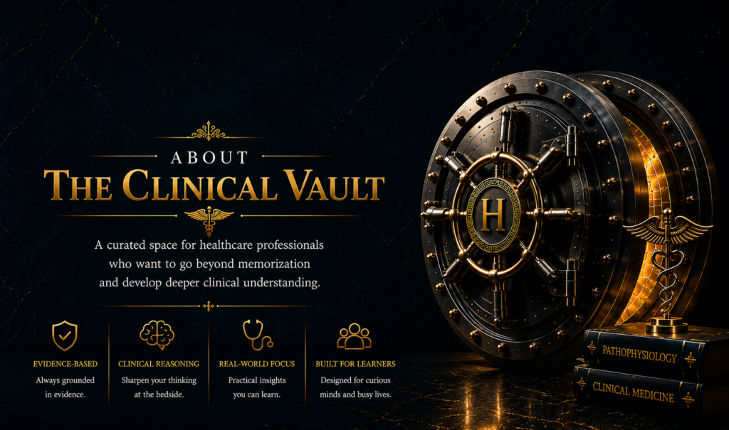 Luxurious navy and gold hero banner featuring a medical vault door and the title “About The Clinical Vault.”