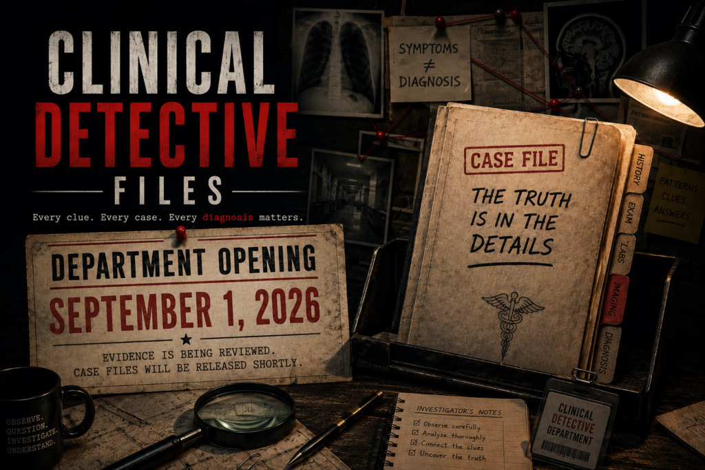 Dark cinematic medical detective scene featuring clinical case files, investigation notes, radiology images, and a department opening announcement for Clinical Detective Files on September 1, 2026.
