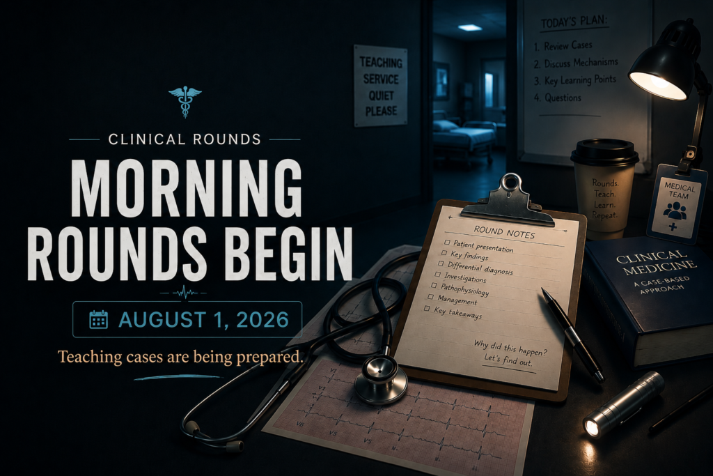 Cinematic medical education hero image featuring a stethoscope, clipboard, ECG tracing, clinical notes, and hospital teaching materials announcing Clinical Rounds and Morning Rounds Begin on August 1, 2026.